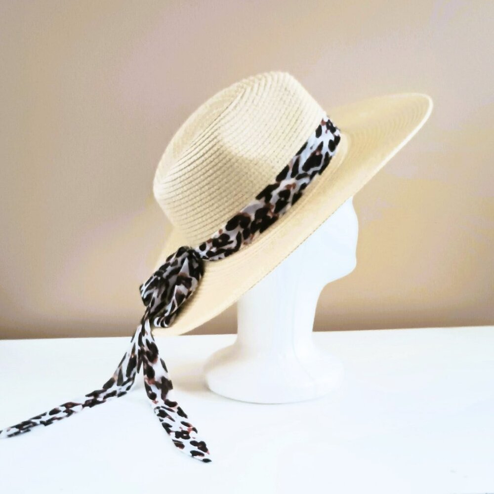 Vince Camuto Paper Straw Hat Cream with Leopard Tie Band Floppy Sun Hat